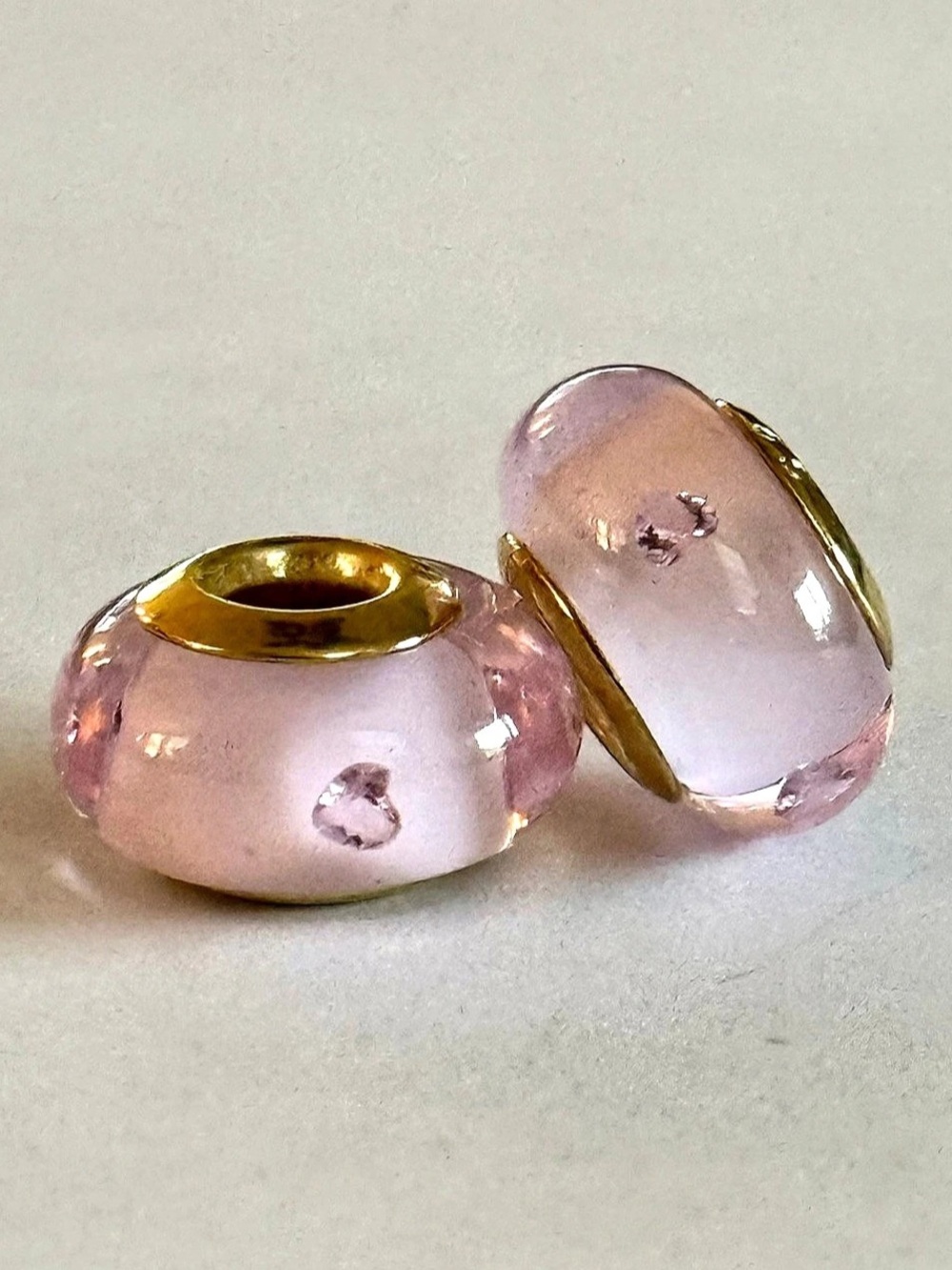 Pink Murano Glass Charms set with Pink hearts crystals-gold core- fit Pandora